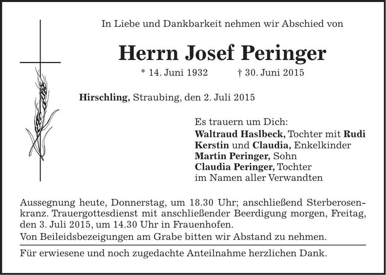 Traueranzeige Josef Peringer