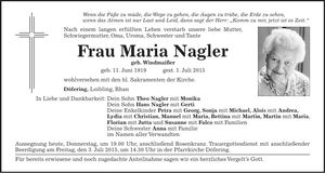 Traueranzeige Maria Nagler
