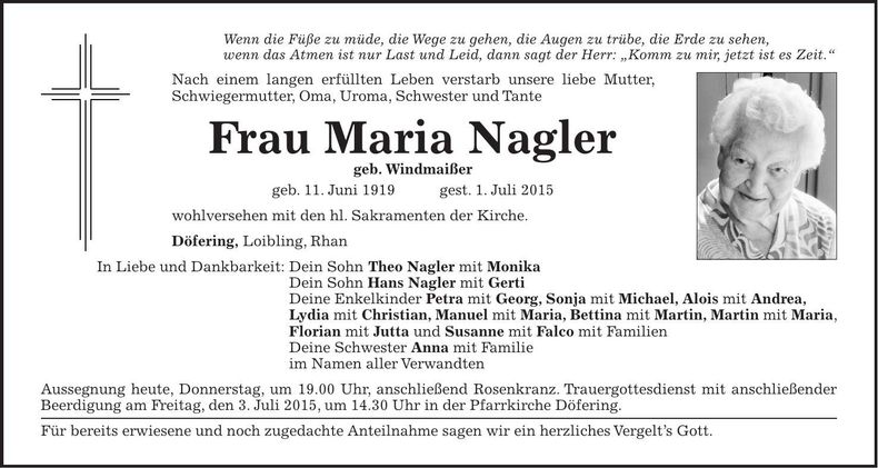 Traueranzeige Maria Nagler