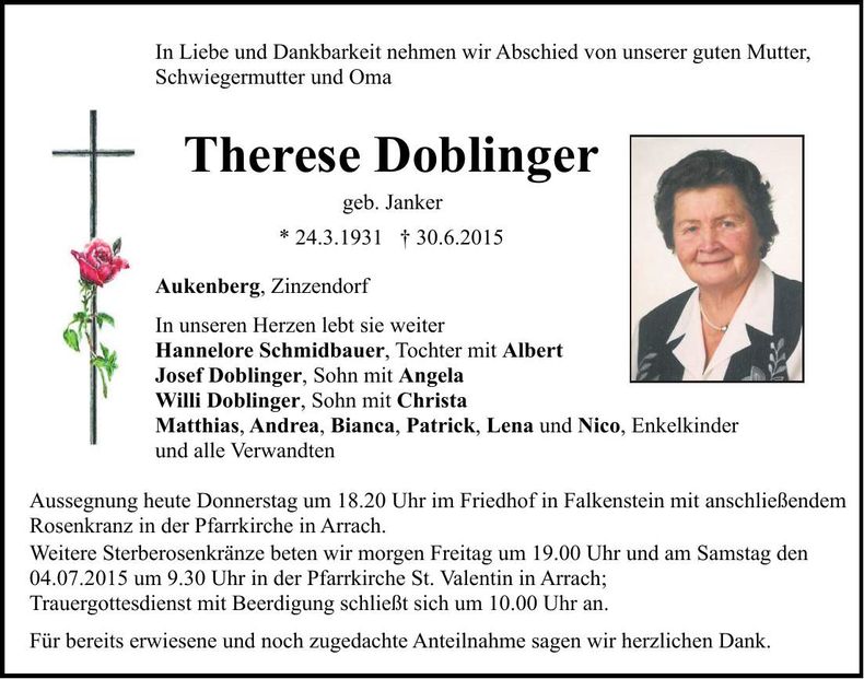 Traueranzeige Therese Doblinger
