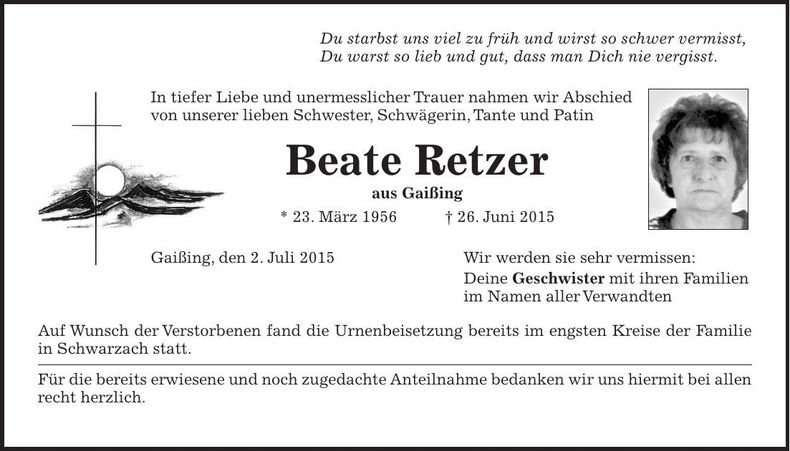 Traueranzeige Beate Retzer