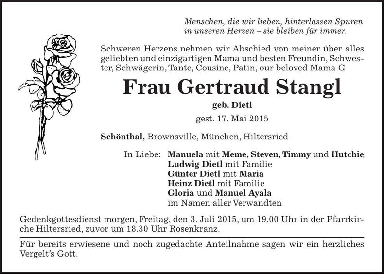 Traueranzeige Gertraud Stangl