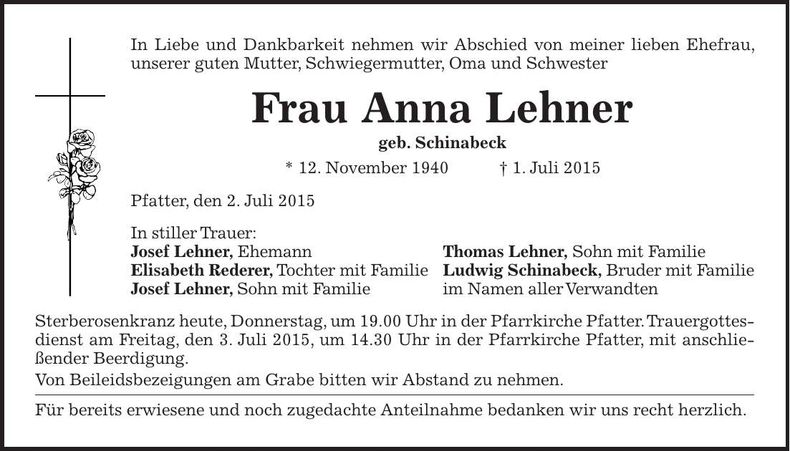 Traueranzeige Anna Lehner