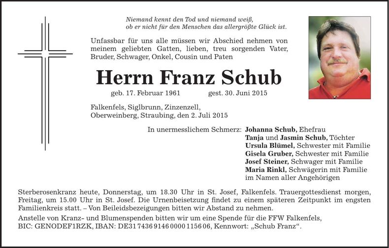 Traueranzeige Franz Schub