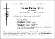 Traueranzeige Erna Sötz