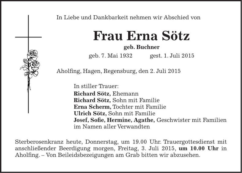 Traueranzeige Erna Sötz