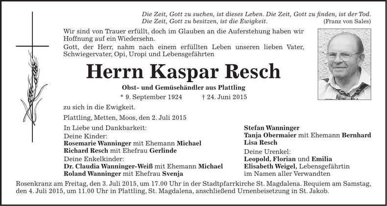 Traueranzeige Kaspar Resch