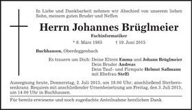 Traueranzeige Johannes Brüglmeier