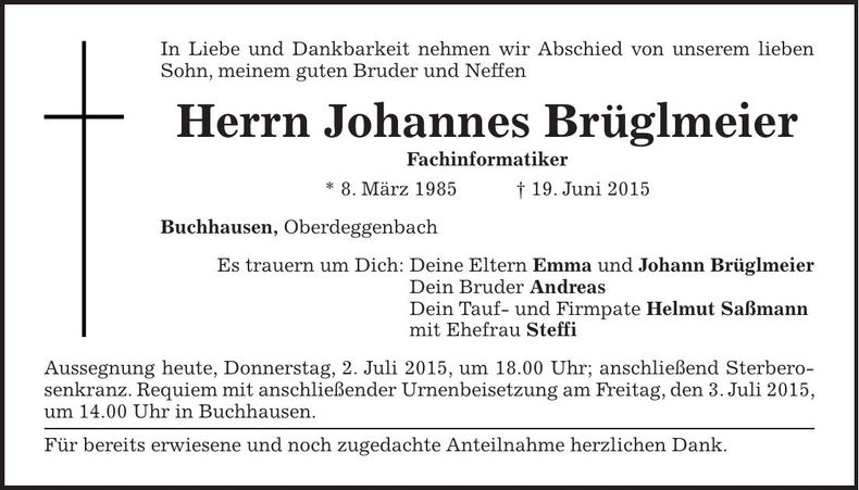 Traueranzeige Johannes Brüglmeier