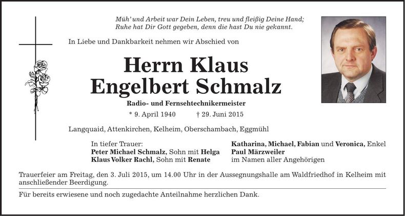 Traueranzeige Klaus Engelbert Schmalz