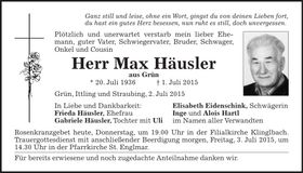 Traueranzeige Max Häusler