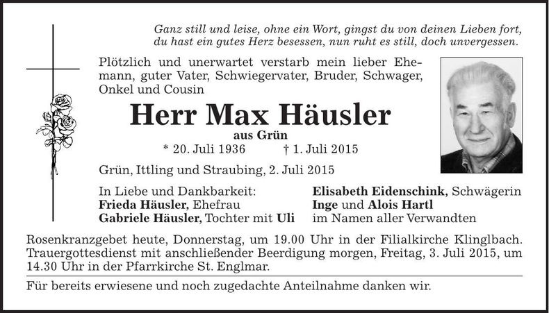Traueranzeige Max Häusler