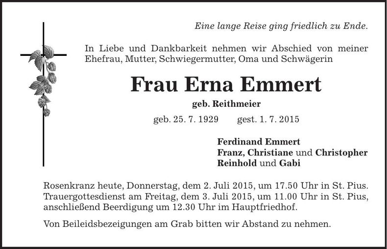 Traueranzeige Erna Emmert