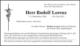 Traueranzeige Lorenz Rudolf