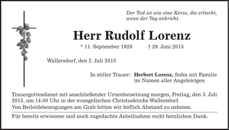 Traueranzeige Lorenz Rudolf