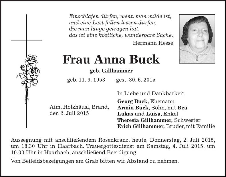 Traueranzeige Anna Buck