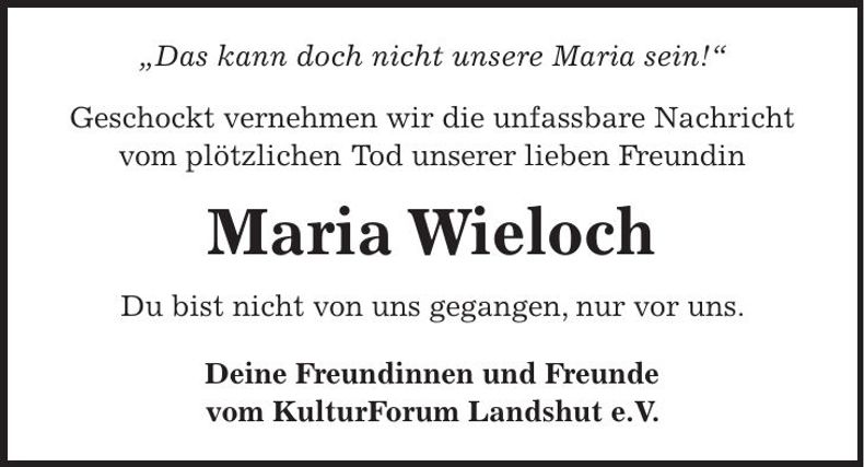 Traueranzeige Maria Wieloch