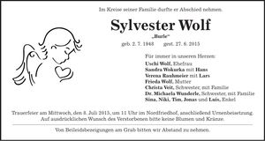 Traueranzeige Sylvester Wolf