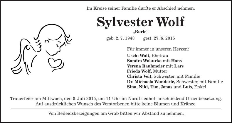 Traueranzeige Sylvester Wolf