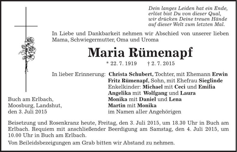 Traueranzeige Maria Rümenapf