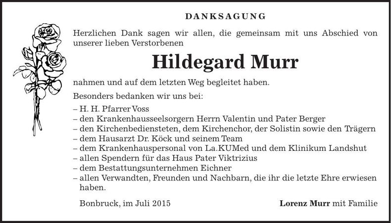 Traueranzeige Hildegard Murr