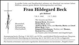 Traueranzeige Hildegard Beck