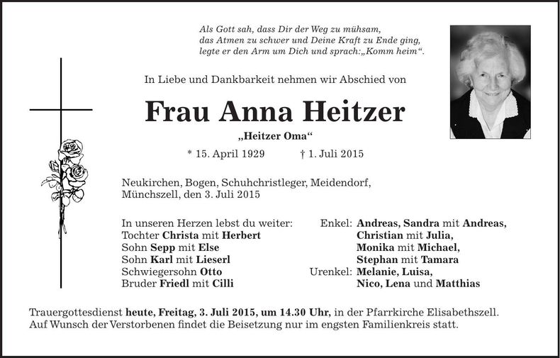 Traueranzeige Heitzer Anna
