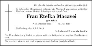 Traueranzeige Etelka Macavei