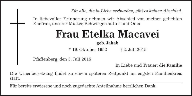 Traueranzeige Etelka Macavei