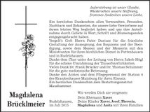 Traueranzeige Magdalena Brücklmeier