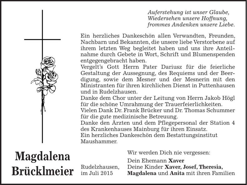 Traueranzeige Magdalena Brücklmeier
