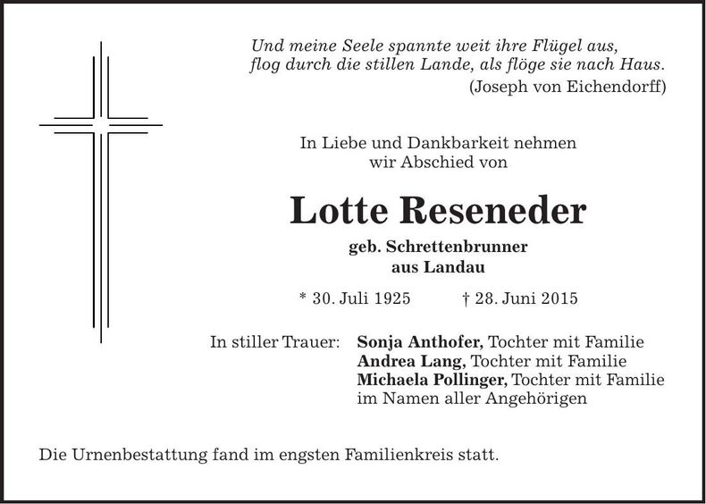 Traueranzeige Lotte Reseneder