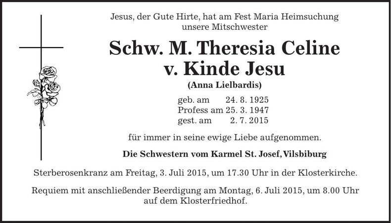 Traueranzeige Anna Schw. Theresia Lielbardis