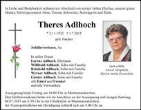 Traueranzeige Theres Adlhoch