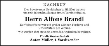 Traueranzeige Alfons Brandl