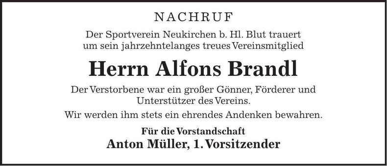 Traueranzeige Alfons Brandl