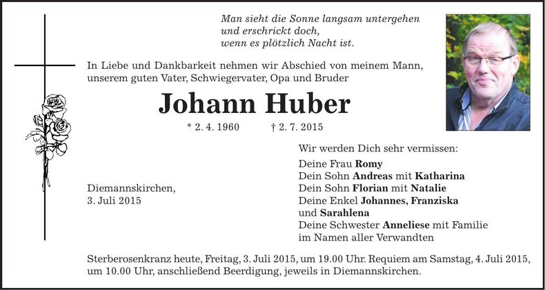 Traueranzeige Johann Huber