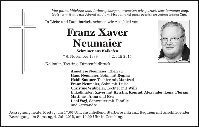 Traueranzeige Franz Xaver Neumaier