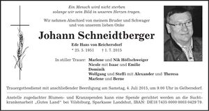 Traueranzeige Johann Schneidtberger