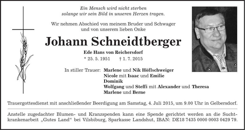Traueranzeige Johann Schneidtberger