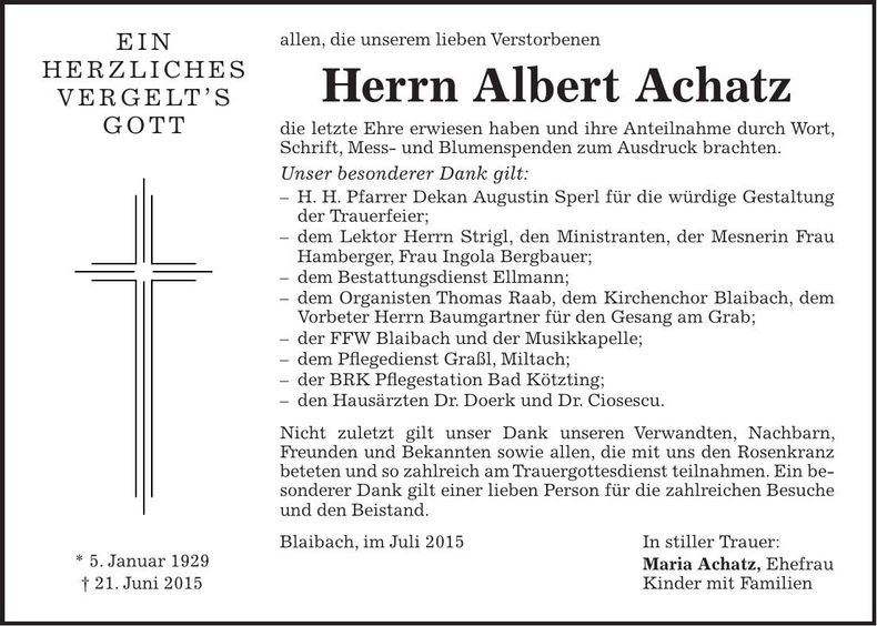 Traueranzeige Albert Achatz