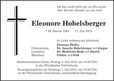 Traueranzeige Eleonore Hobelsberger