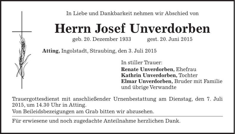 Traueranzeige Josef Unverdorben