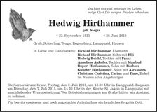 Traueranzeige Hedwig Hirthammer