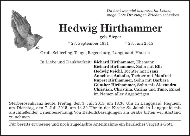 Traueranzeige Hedwig Hirthammer