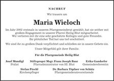 Traueranzeige Maria Wieloch