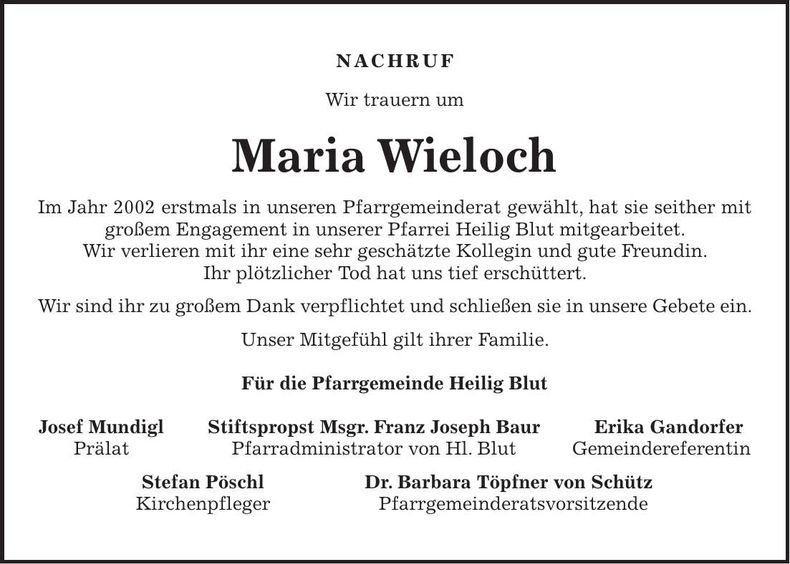 Traueranzeige Maria Wieloch