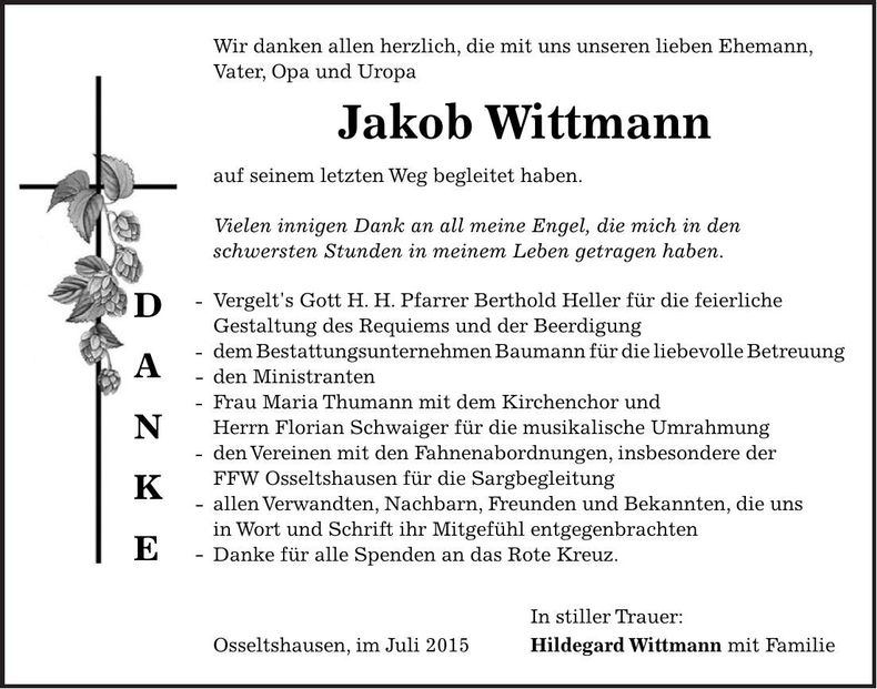 Traueranzeige Jakob Wittmann