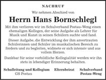 Traueranzeige Hans Bornschlegl