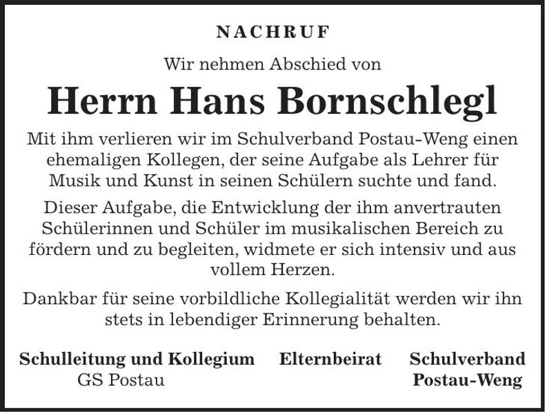 Traueranzeige Hans Bornschlegl
